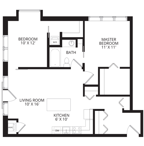 Floor plan for 2 beds, 1 bath, 999 sqft
